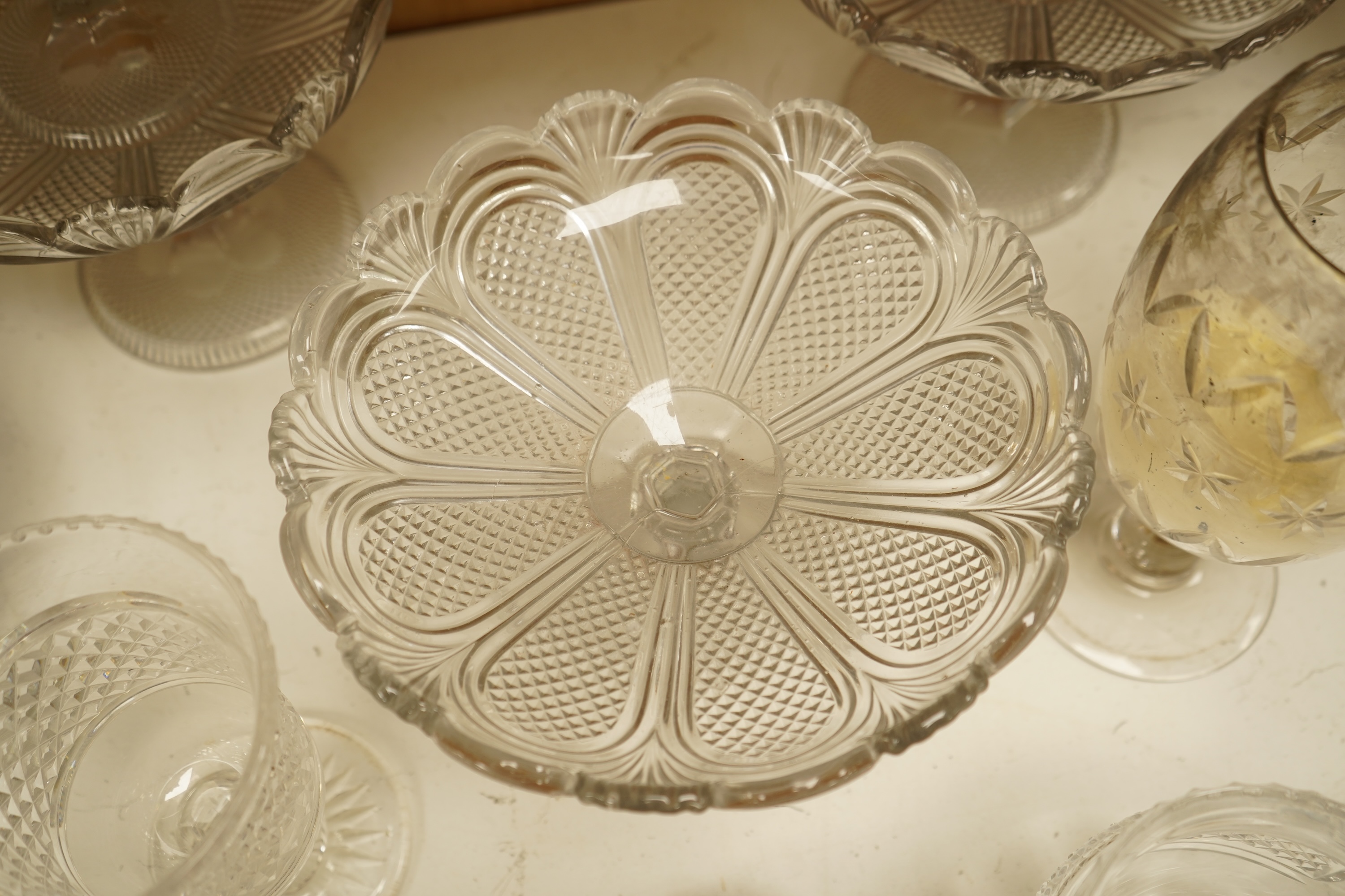Collection of glassware to include William Yeoward beehive honey skep, five pressed glass comports and other glassware, largest 23cm in diameter
